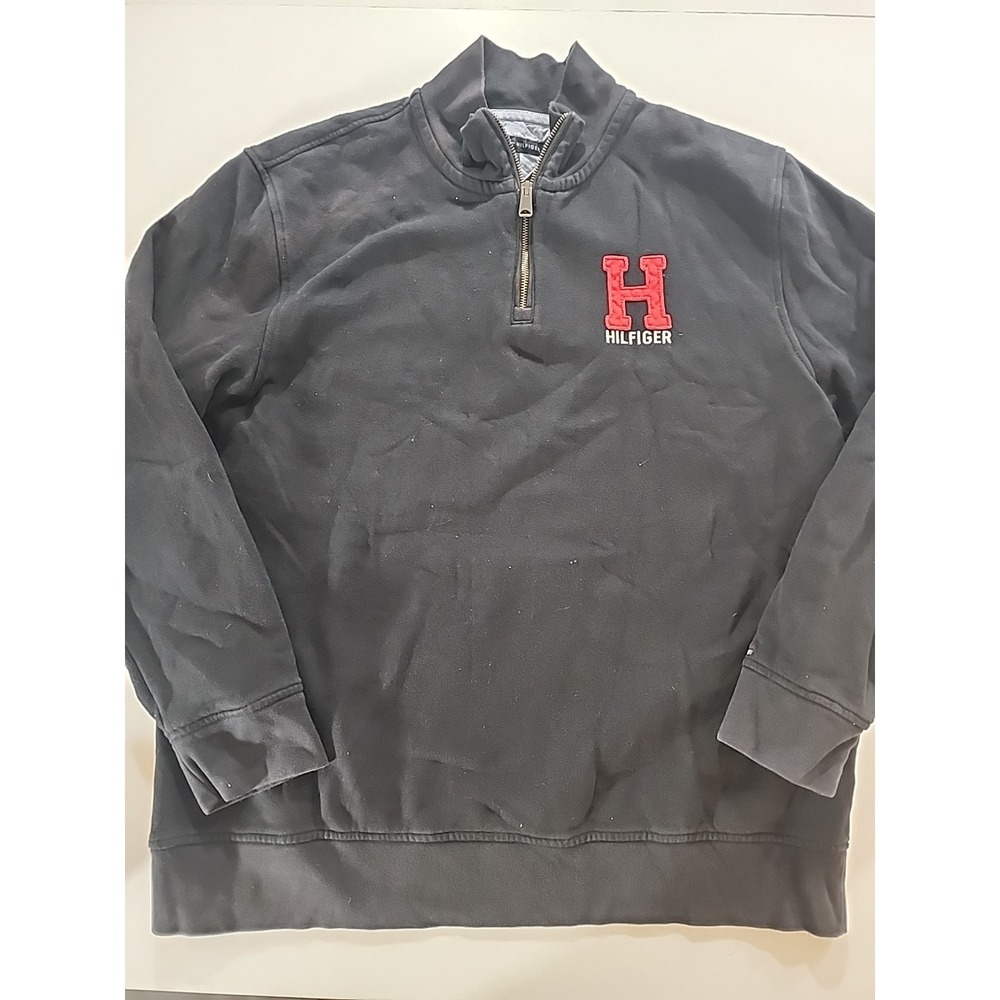 Tommy‎ Hilfiger Spellout H Pullover 1/4 Zip Sweater Black Cotton Blend Mens  XL